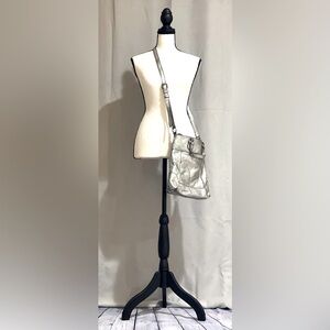 Silver (textured) leather Frye crossbody bag.